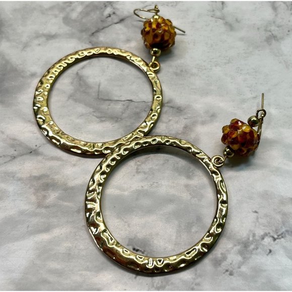 Vintage Hammered Earrings Gold Tone Hoops Rings Dangle - Picture 2 of 6